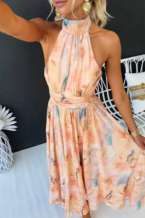 Women’s Halter Neck Maxi Dress with Tie Back and Gathered Waist