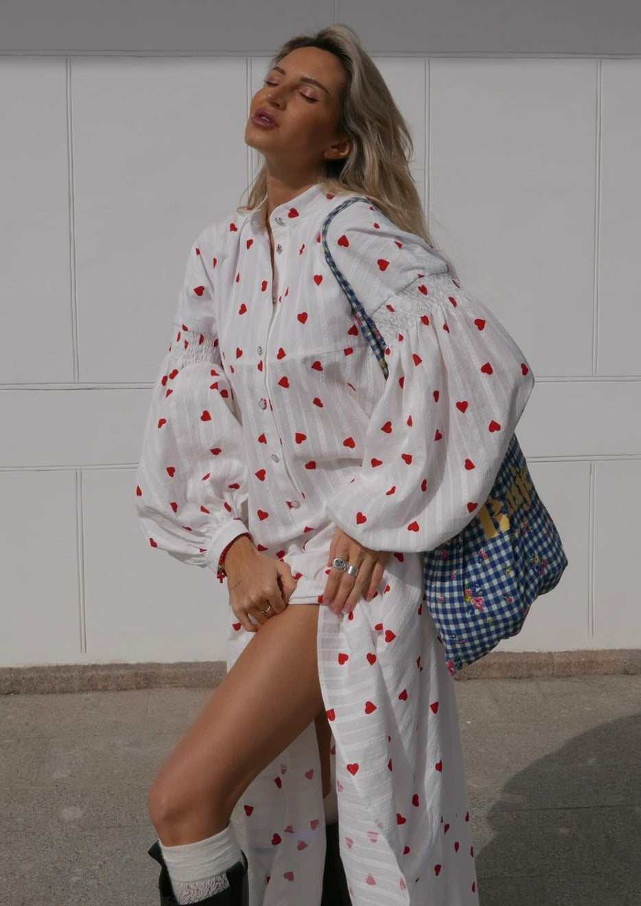 Women’s Heart Print Maxi Dress with Button Front and Long Sleeves