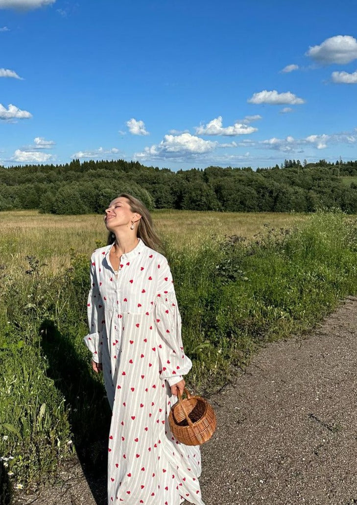 Women’s Heart Print Maxi Dress with Button Front and Long Sleeves