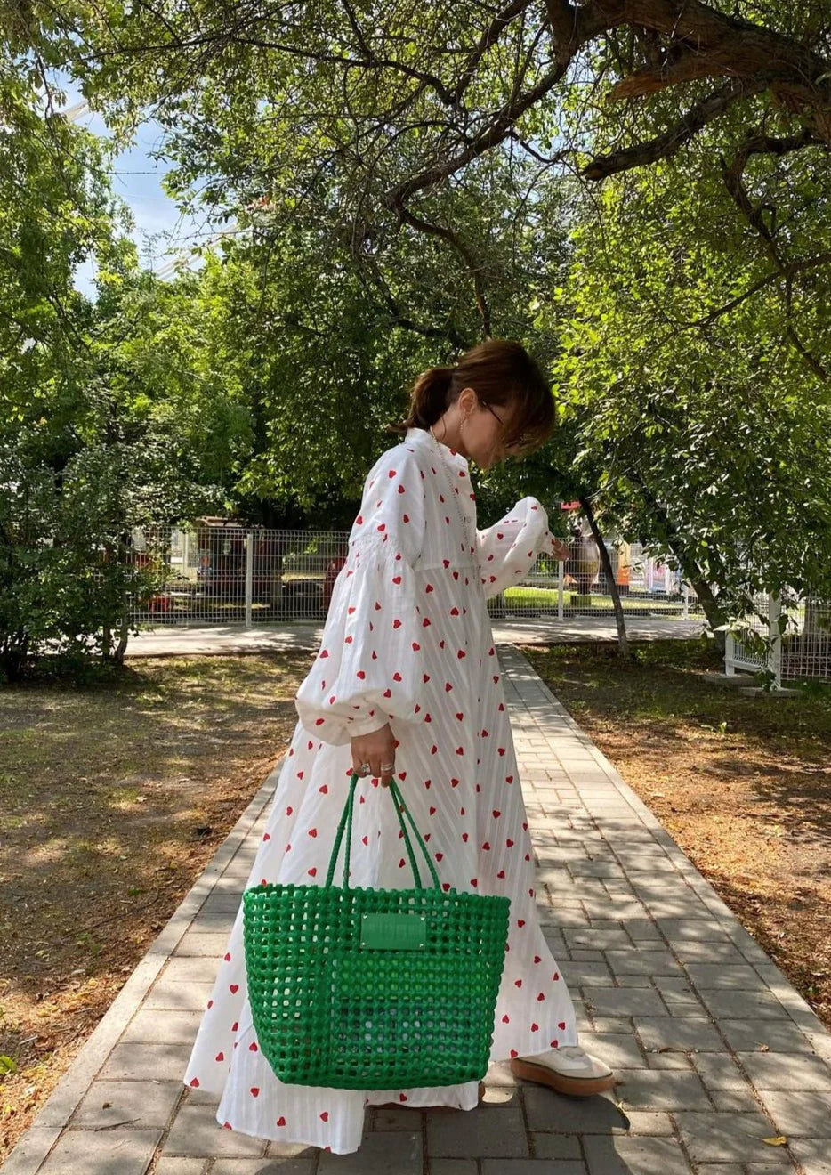 Women’s Heart Print Maxi Dress with Button Front and Long Sleeves