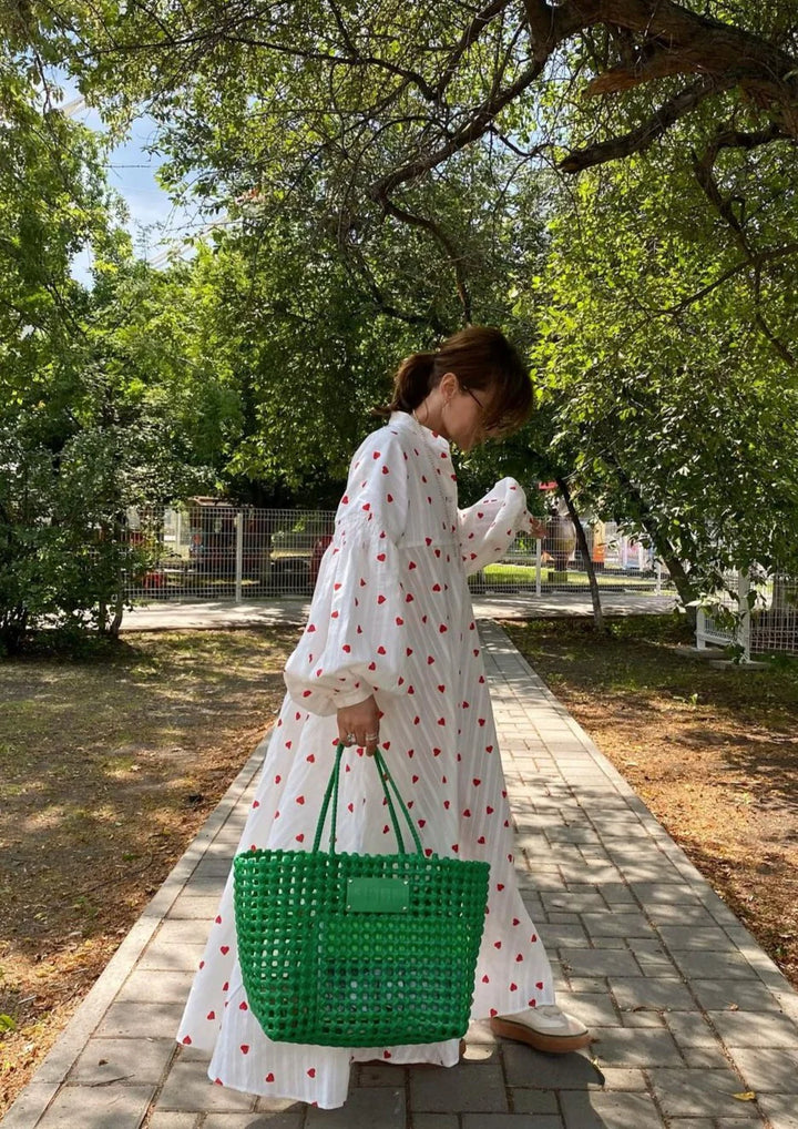 Women’s Heart Print Maxi Dress with Button Front and Long Sleeves