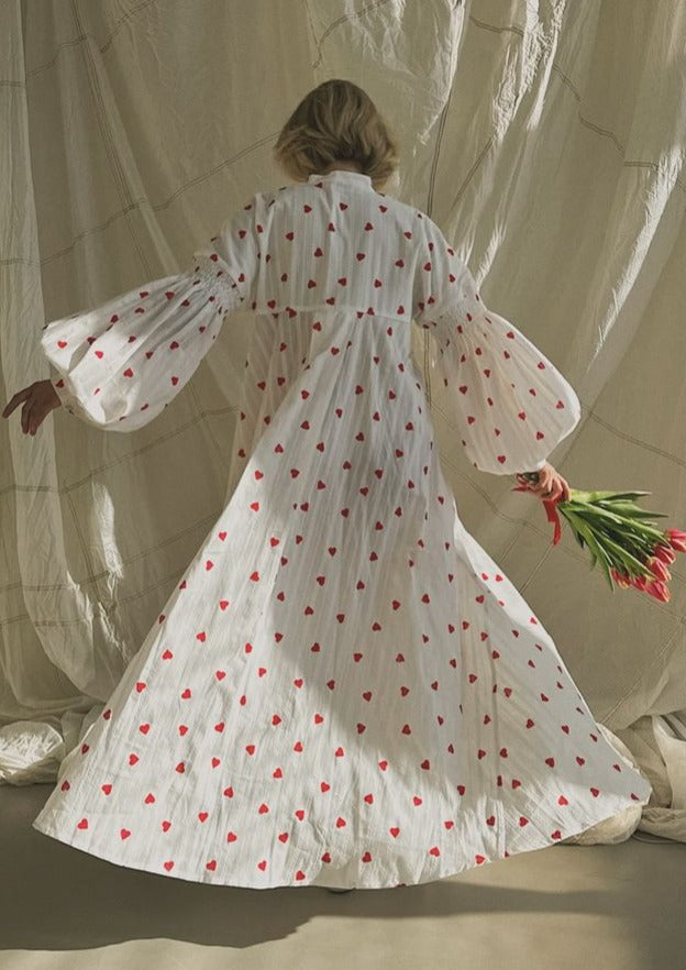 Women’s Heart Print Maxi Dress with Button Front and Long Sleeves