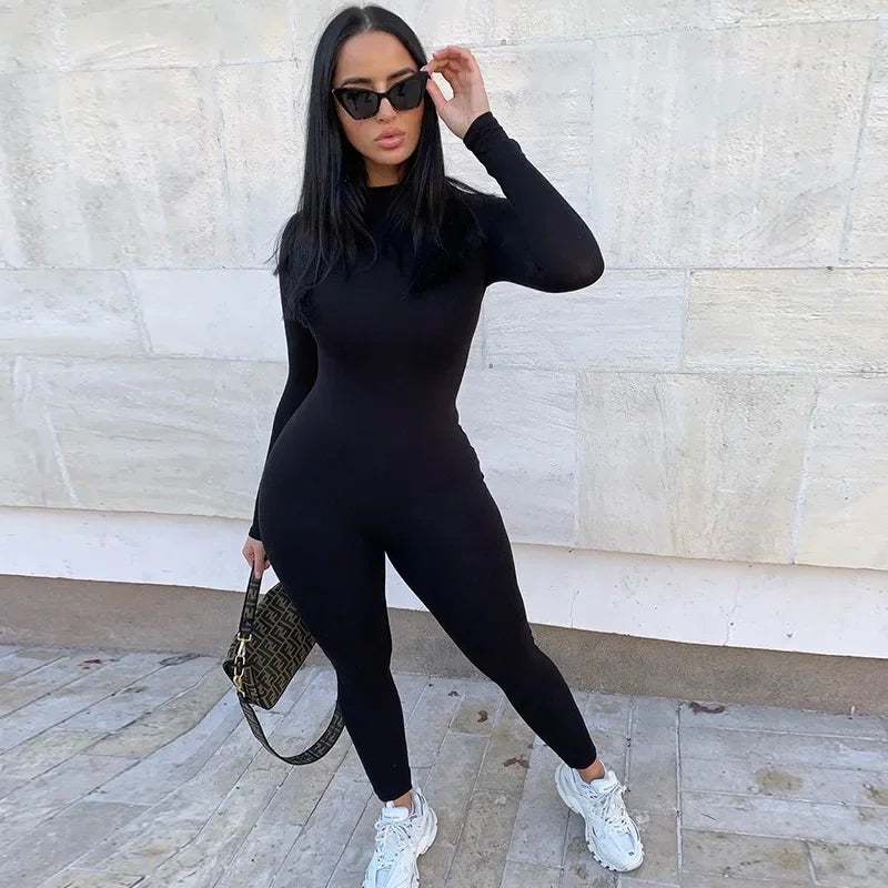 Women’s High Neck Jumpsuit with Long Sleeves and Slim Fit Legs