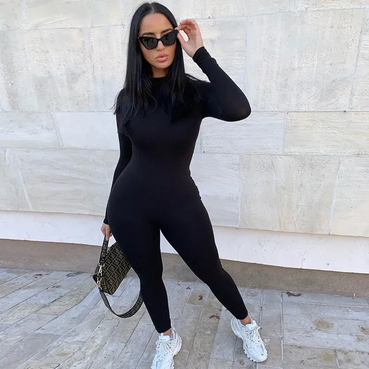 Women’s High Neck Jumpsuit with Long Sleeves and Slim Fit Legs
