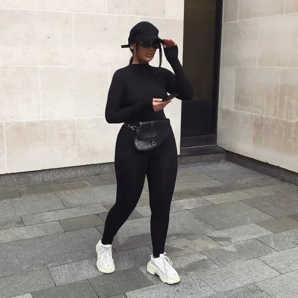 Women’s High Neck Jumpsuit with Long Sleeves and Slim Fit Legs