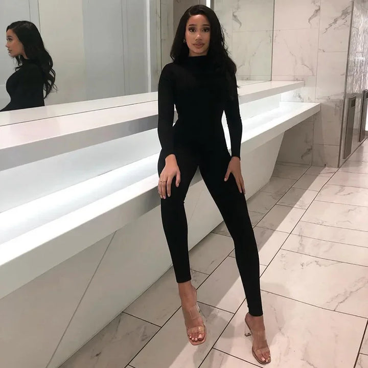 Women’s High Neck Jumpsuit with Long Sleeves and Slim Fit Legs