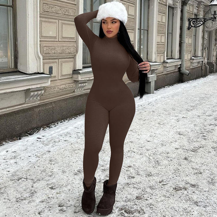 Women’s High Neck Jumpsuit with Long Sleeves and Slim Fit Legs