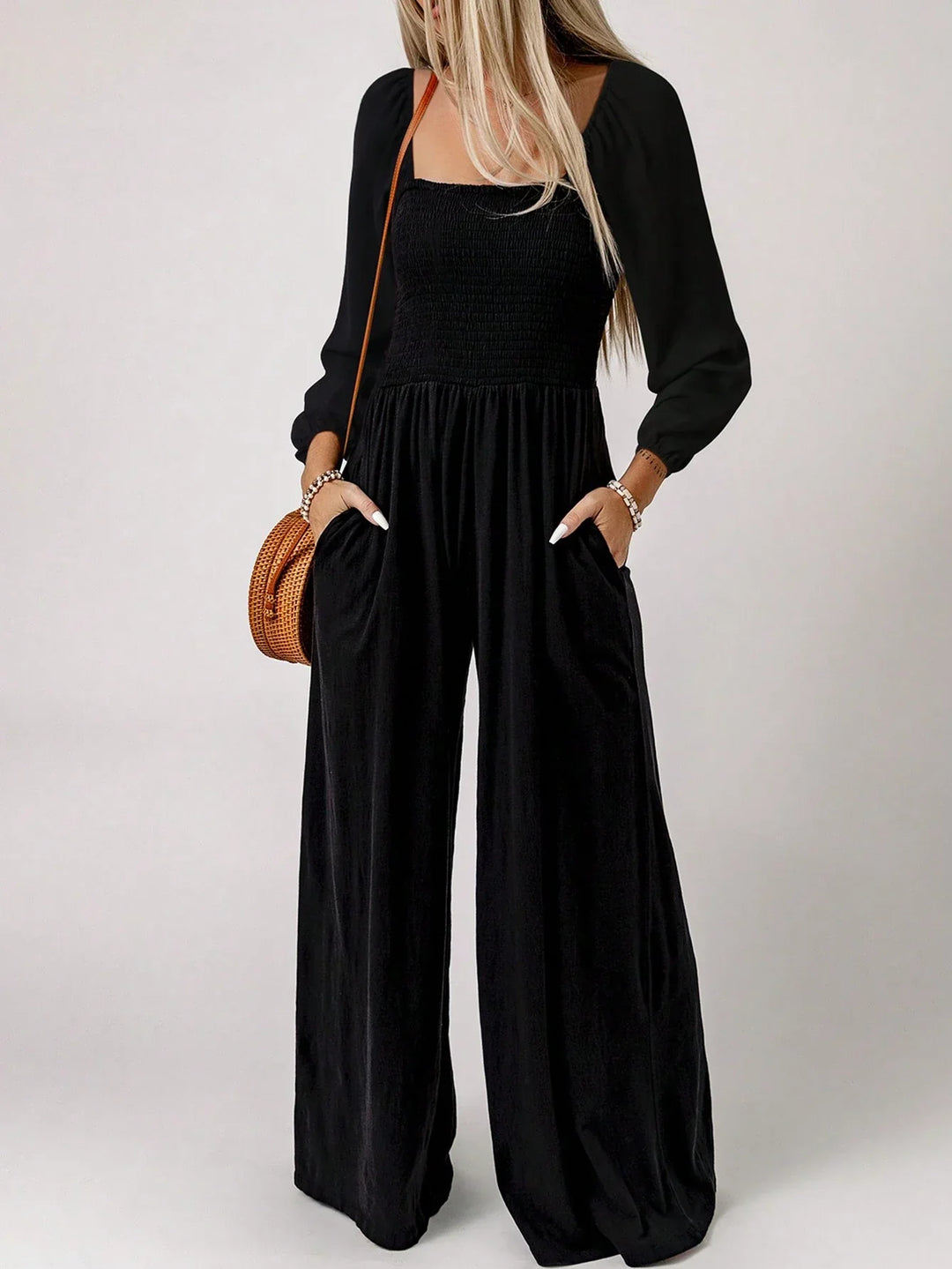 Women’s Jumpsuit with Square Neck and Wide Leg Pants