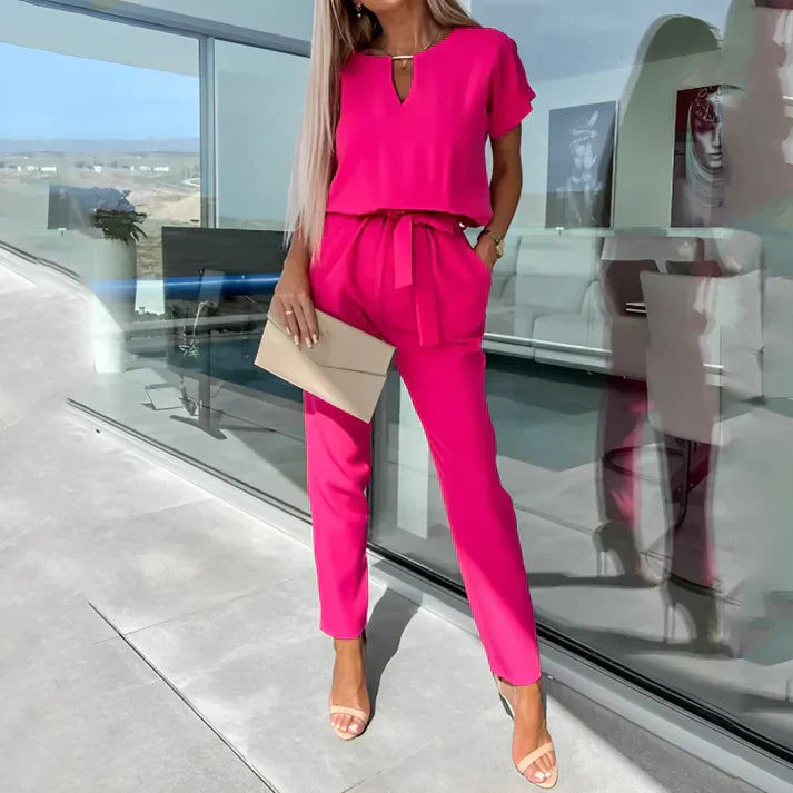 Women’s Keyhole Neckline Jumpsuit with Short Sleeves and Tapered Pants