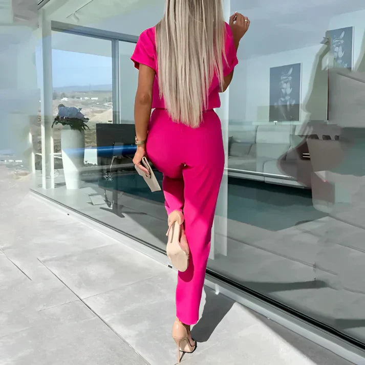 Women’s Keyhole Neckline Jumpsuit with Short Sleeves and Tapered Pants