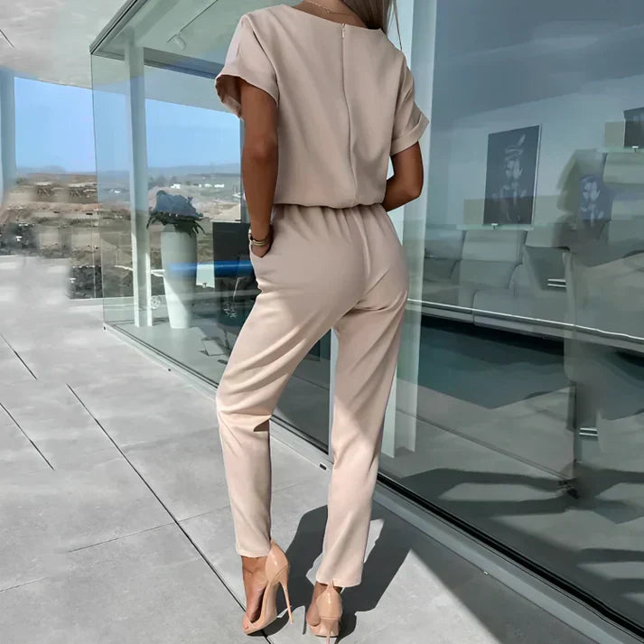 Women’s Keyhole Neckline Jumpsuit with Short Sleeves and Tapered Pants