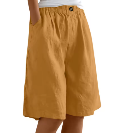 Women's Knee-Length Shorts with Gathered Waist and Side Pockets