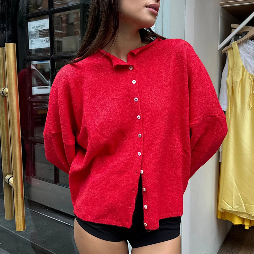 Women’s Knit Cardigan with Polo Collar and Button Front