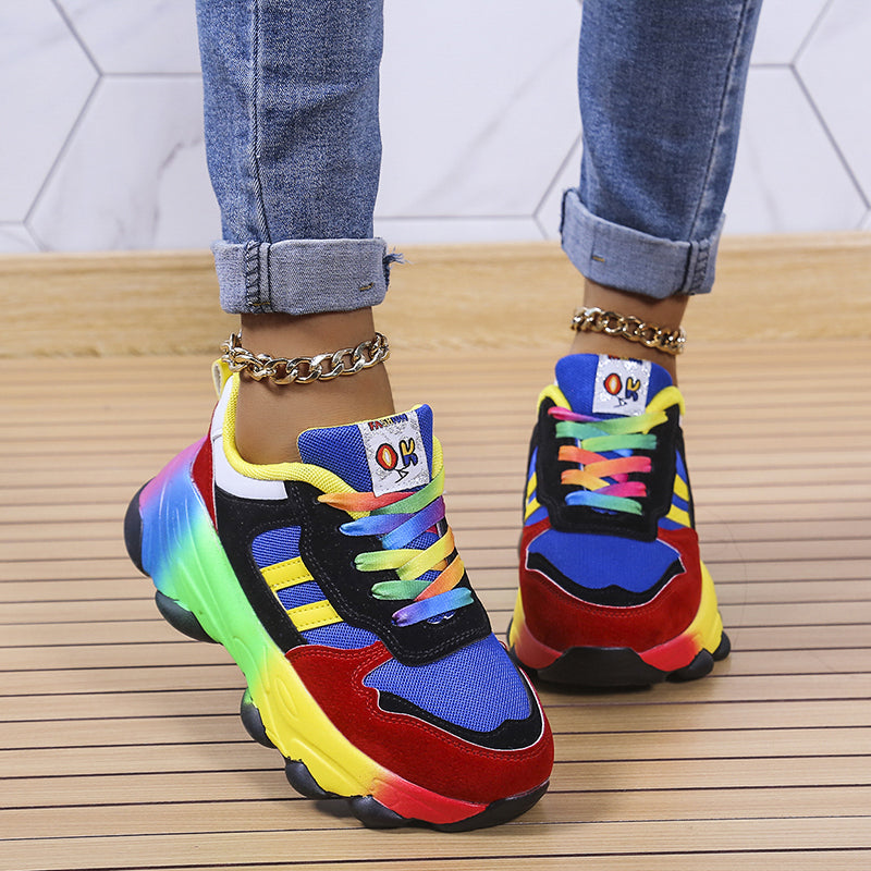 Women's Lace Up Sneakers with Gradient Outsole and Patterned Laces