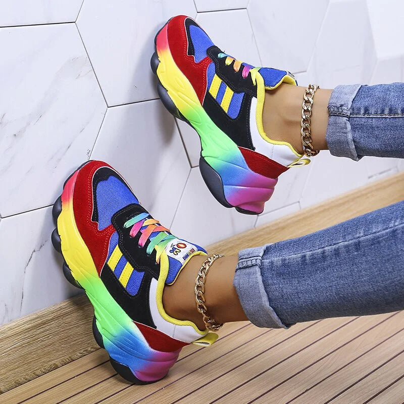 Women's Lace Up Sneakers with Gradient Outsole and Patterned Laces