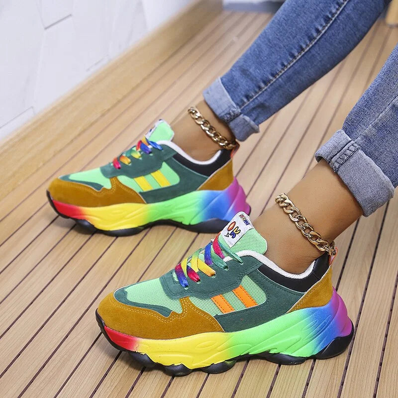 Women's Lace Up Sneakers with Gradient Outsole and Patterned Laces