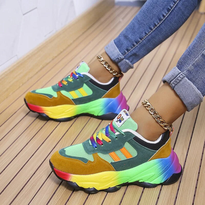 Women's Lace Up Sneakers with Gradient Outsole and Patterned Laces