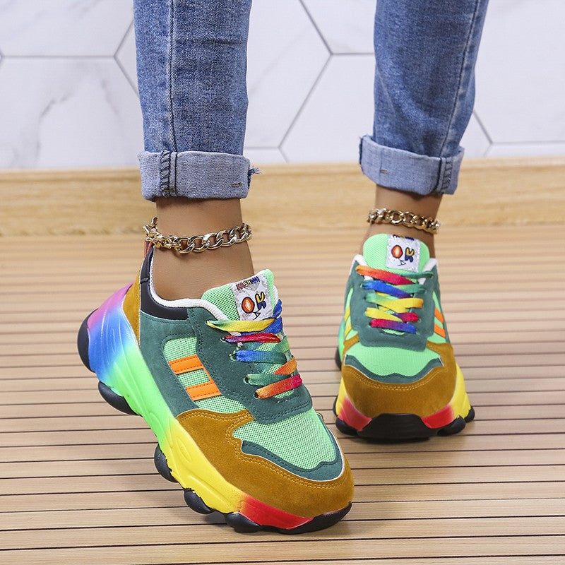 Women's Lace Up Sneakers with Gradient Outsole and Patterned Laces
