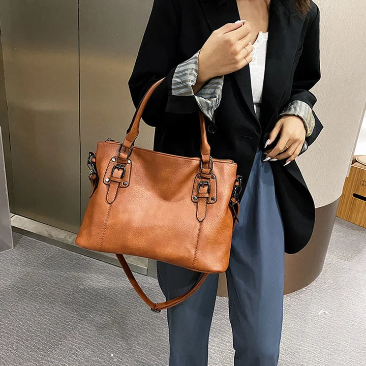 Women’s Large Shoulder Bag with Double Top Handle and Buckle Strap Detail
