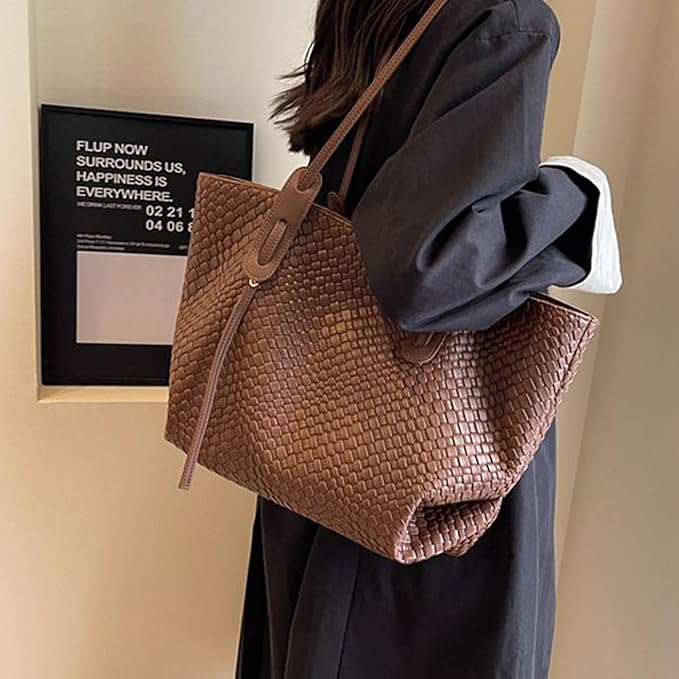 Women's Large Shoulder Tote Bag with Woven Texture and Dual Straps