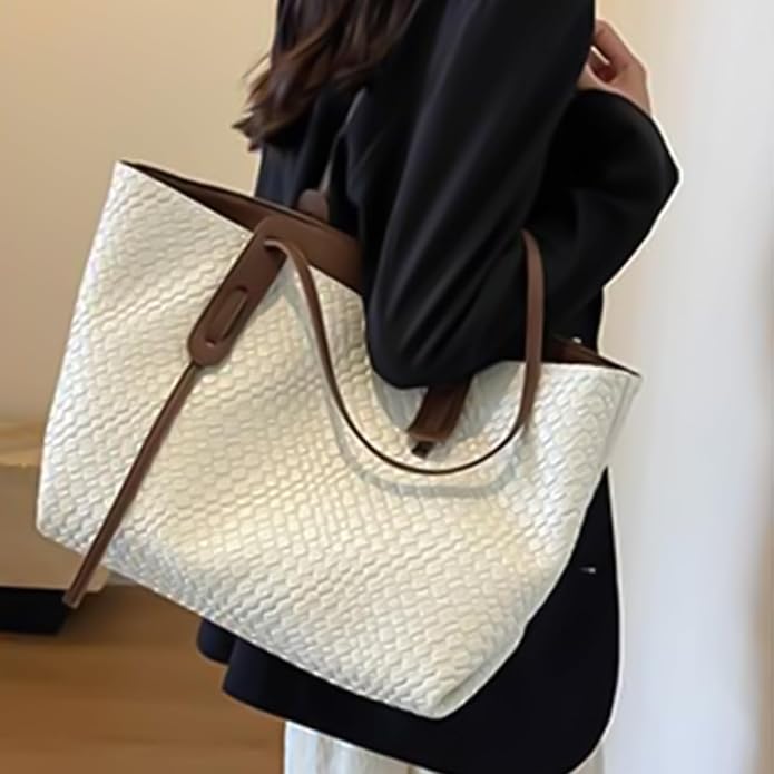 Women's Large Shoulder Tote Bag with Woven Texture and Dual Straps
