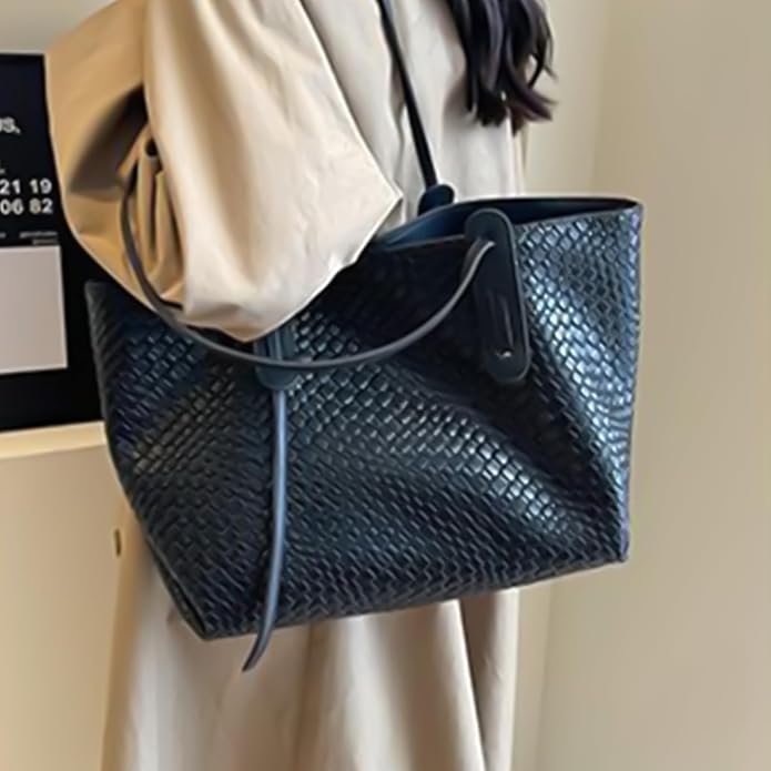Women's Large Shoulder Tote Bag with Woven Texture and Dual Straps