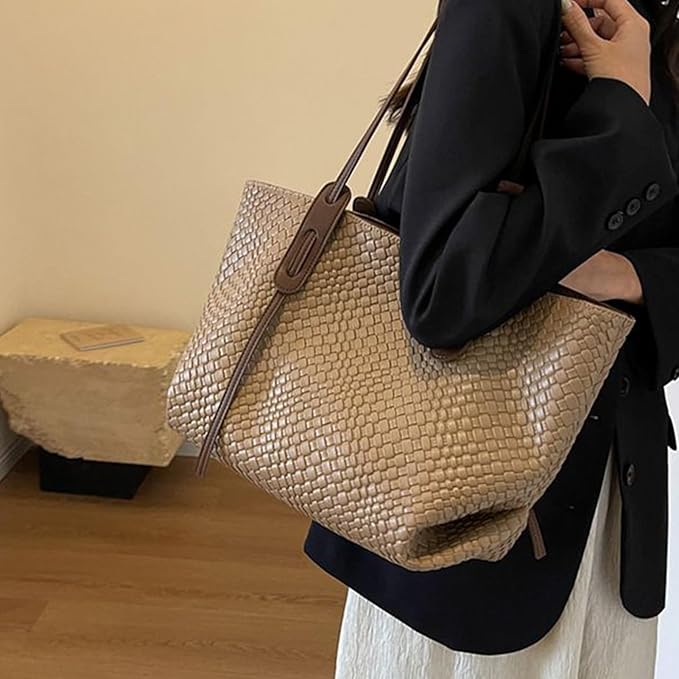 Women's Large Shoulder Tote Bag with Woven Texture and Dual Straps