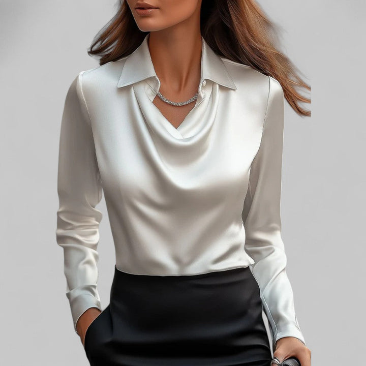 Women’s Long Sleeve Blouse with Cowl Neck and Pointed Collar