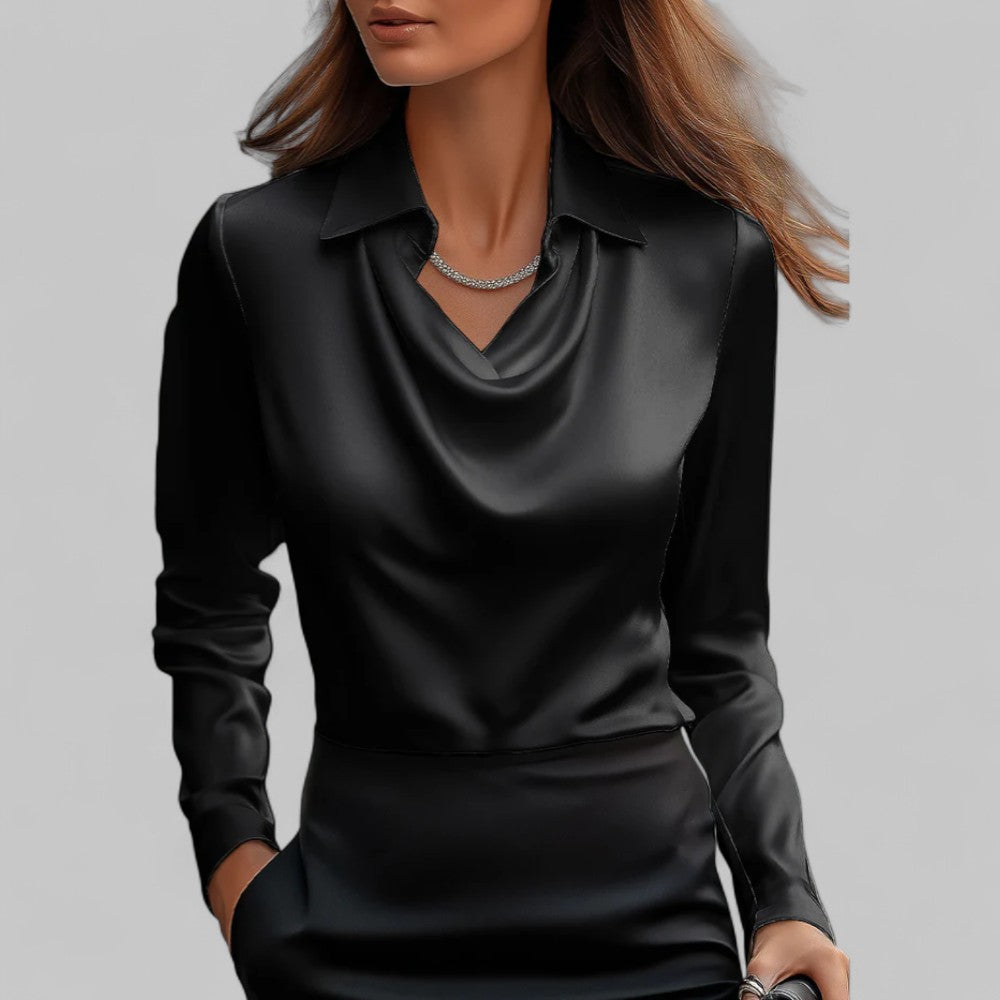 Women’s Long Sleeve Blouse with Cowl Neck and Pointed Collar