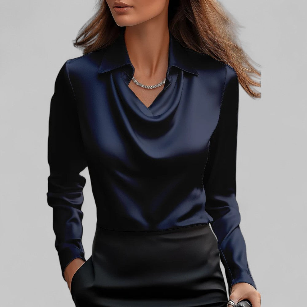 Women’s Long Sleeve Blouse with Cowl Neck and Pointed Collar