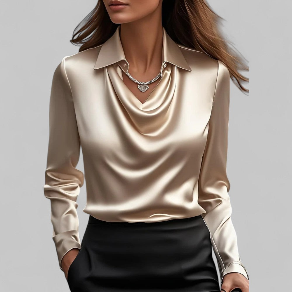 Women’s Long Sleeve Blouse with Cowl Neck and Pointed Collar
