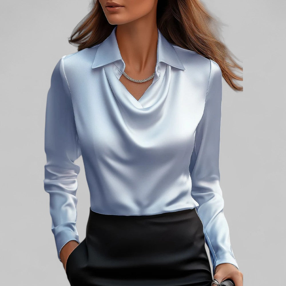 Women’s Long Sleeve Blouse with Cowl Neck and Pointed Collar
