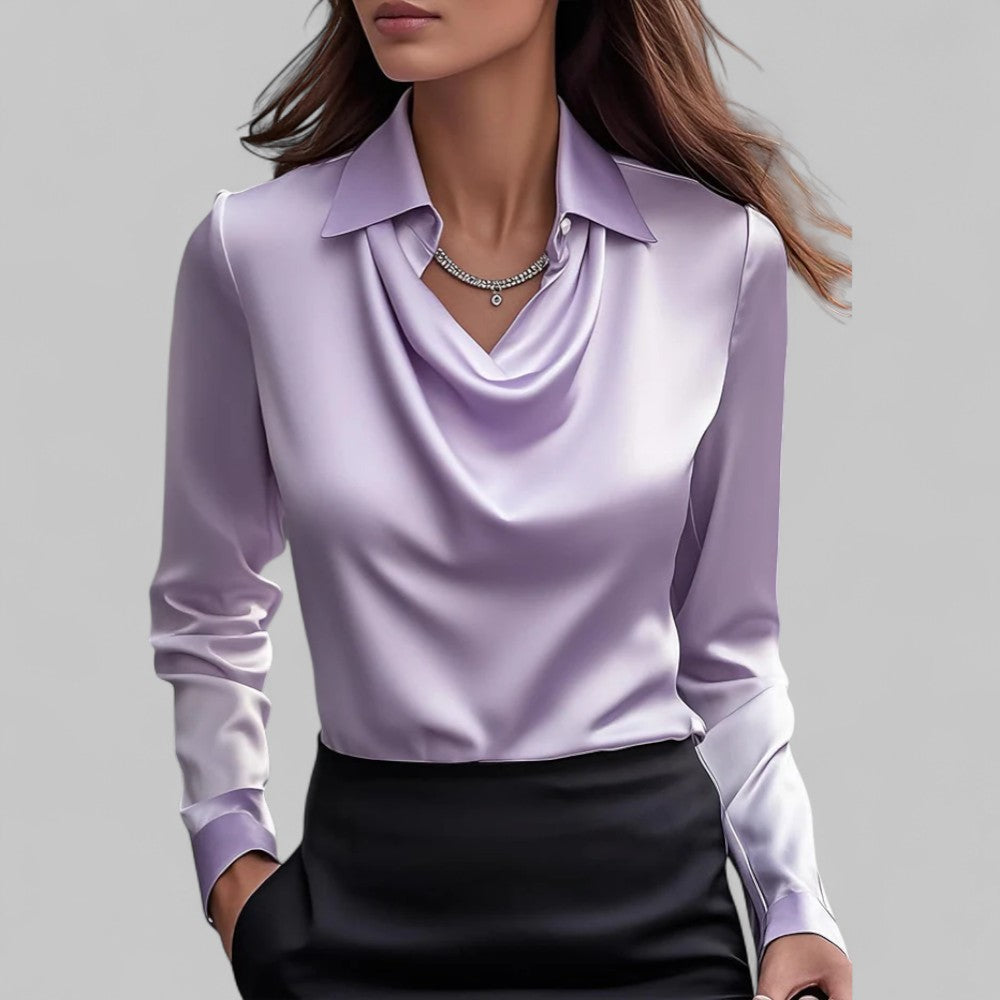 Women’s Long Sleeve Blouse with Cowl Neck and Pointed Collar