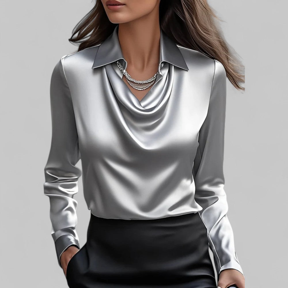 Women’s Long Sleeve Blouse with Cowl Neck and Pointed Collar