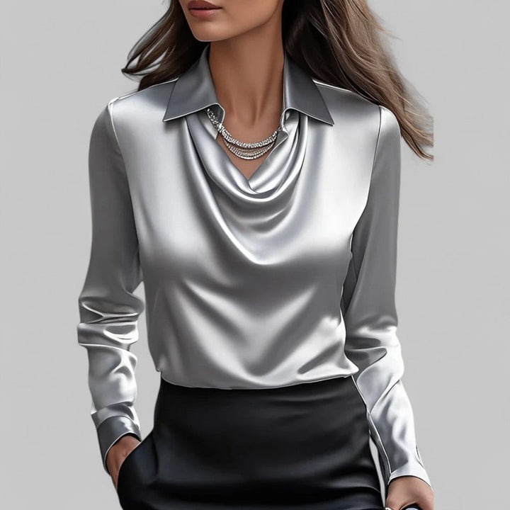 Women’s Long Sleeve Blouse with Cowl Neck and Pointed Collar