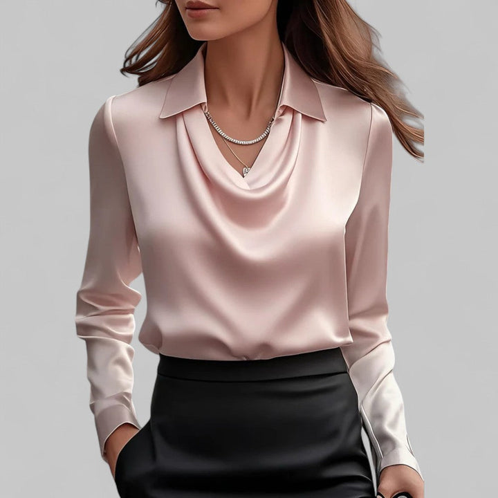 Women’s Long Sleeve Blouse with Cowl Neck and Pointed Collar