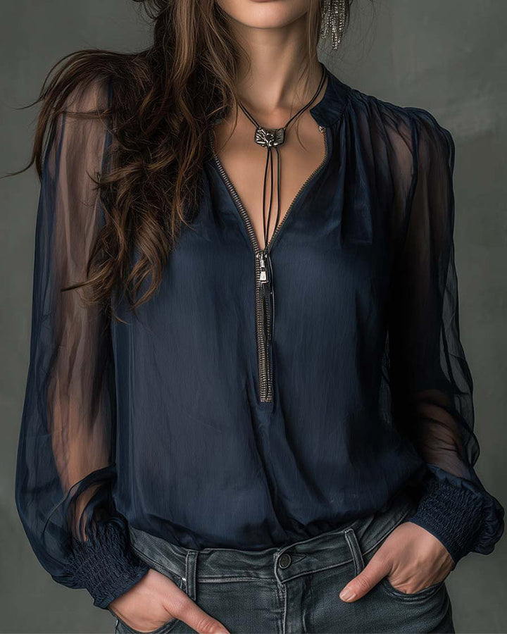Women’s Long Sleeve Blouse with Front Zipper Closure and Smocked Cuffs