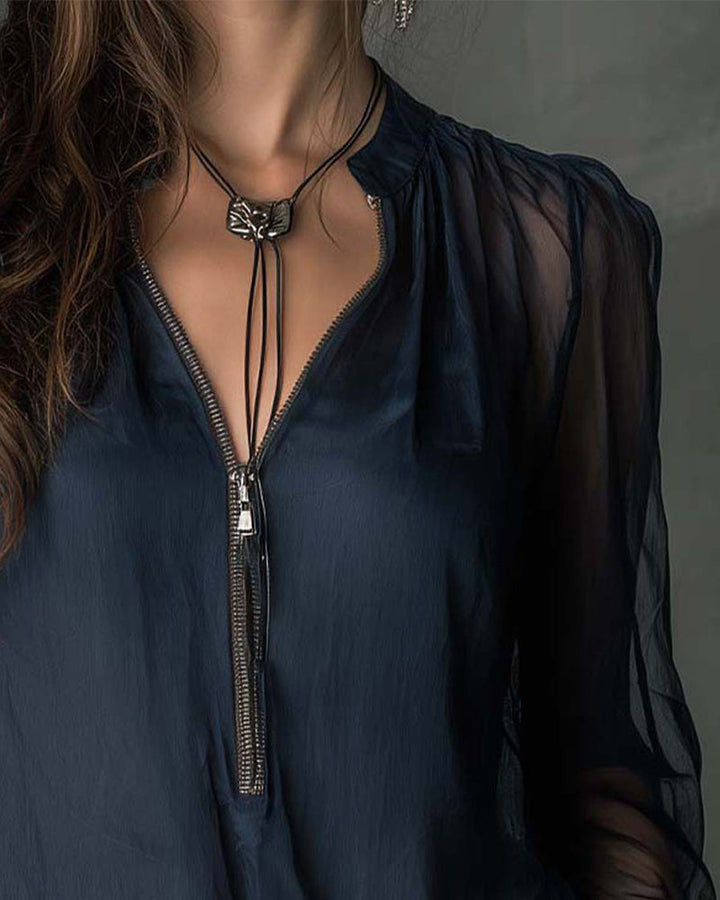 Women’s Long Sleeve Blouse with Front Zipper Closure and Smocked Cuffs