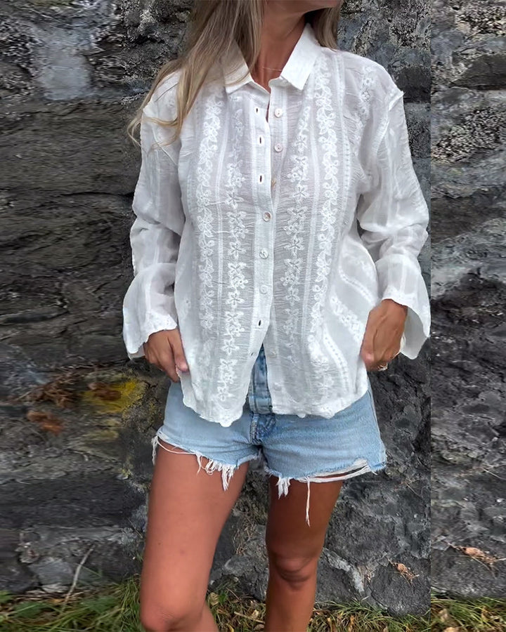 Women’s Long Sleeve Button Down Blouse with Floral Embroidery and Vertical Stripes