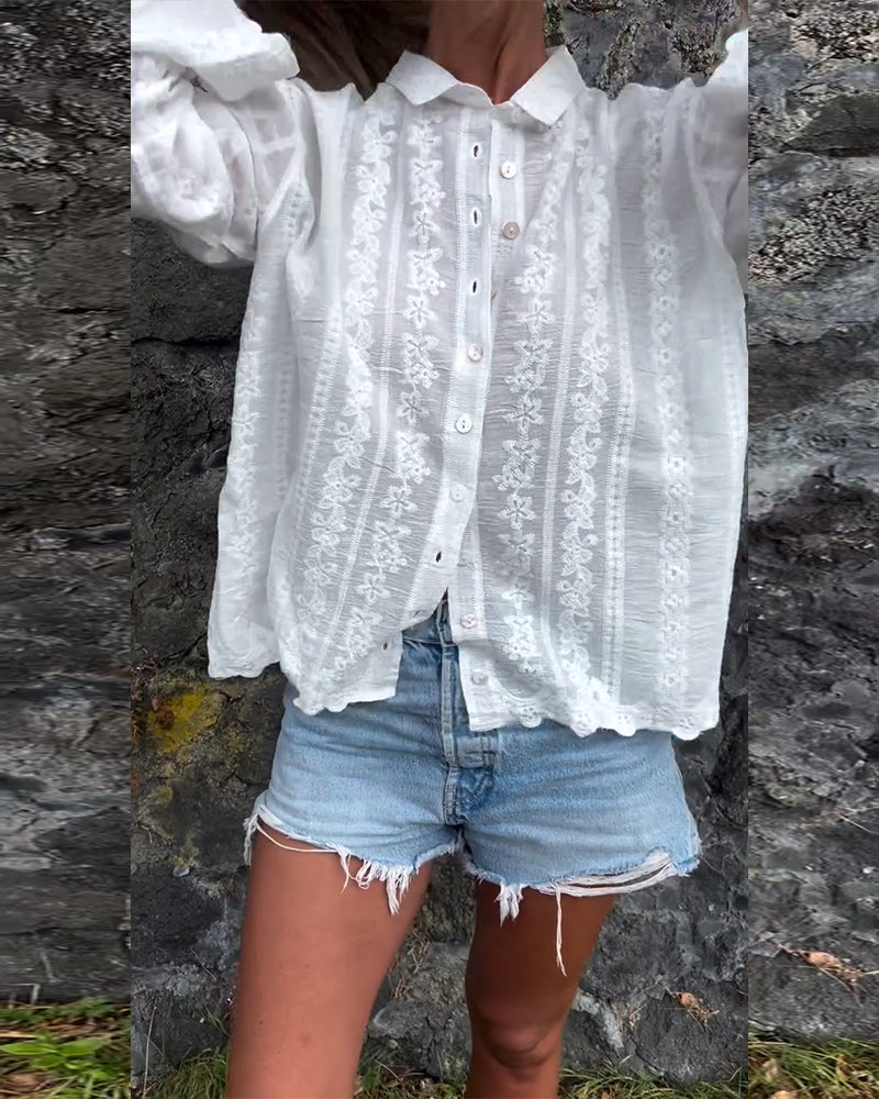 Women’s Long Sleeve Button Down Blouse with Floral Embroidery and Vertical Stripes