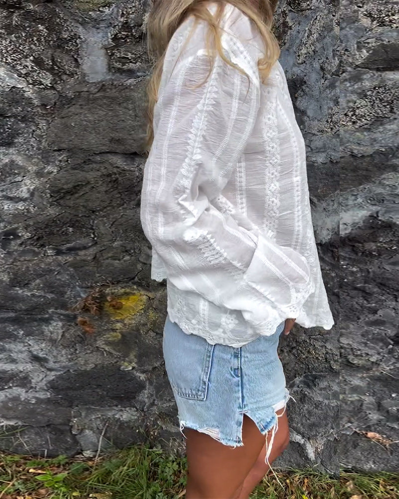 Women’s Long Sleeve Button Down Blouse with Floral Embroidery and Vertical Stripes