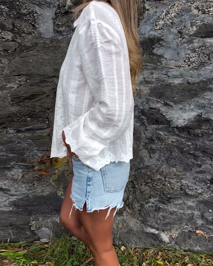 Women’s Long Sleeve Button Down Blouse with Floral Embroidery and Vertical Stripes