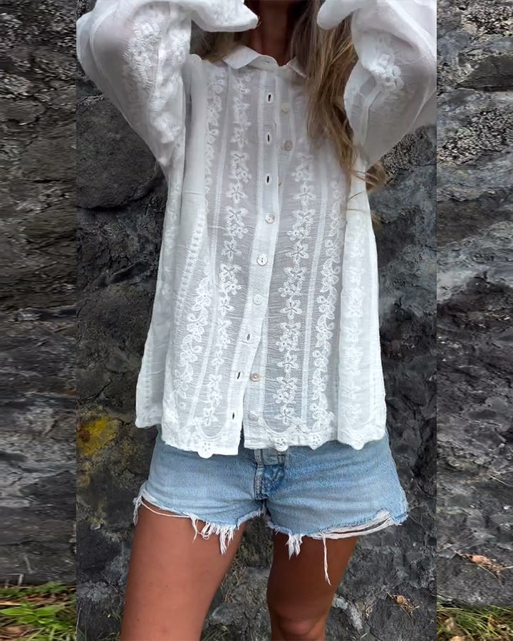 Women’s Long Sleeve Button Down Blouse with Floral Embroidery and Vertical Stripes