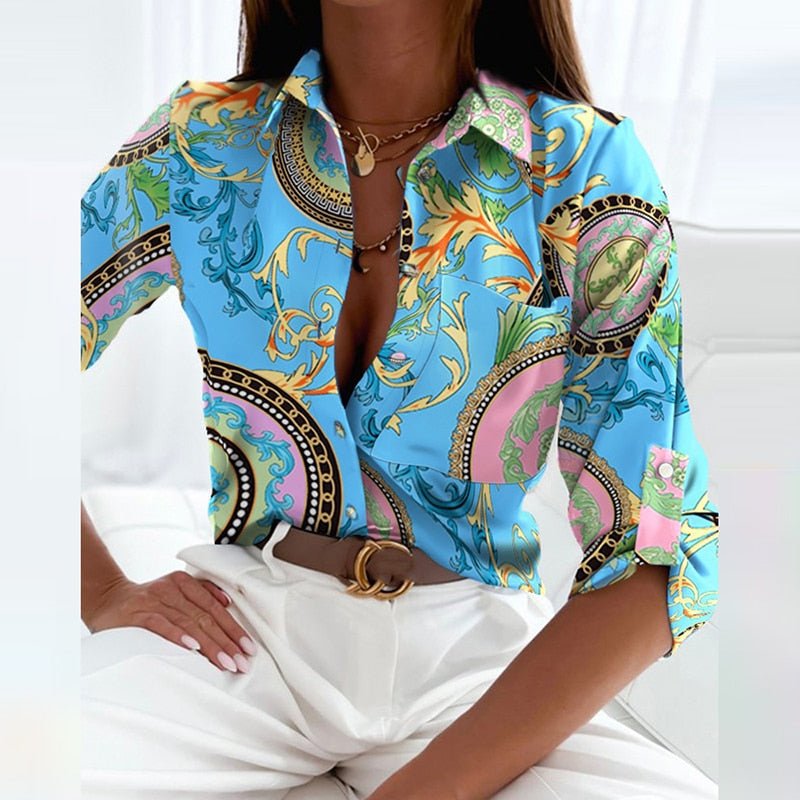 Women's Long Sleeve Button Down Blouse with Graphic Print and Pointed Collar