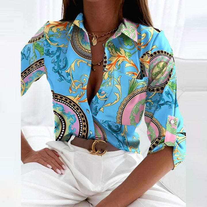 Women's Long Sleeve Button Down Blouse with Graphic Print and Pointed Collar