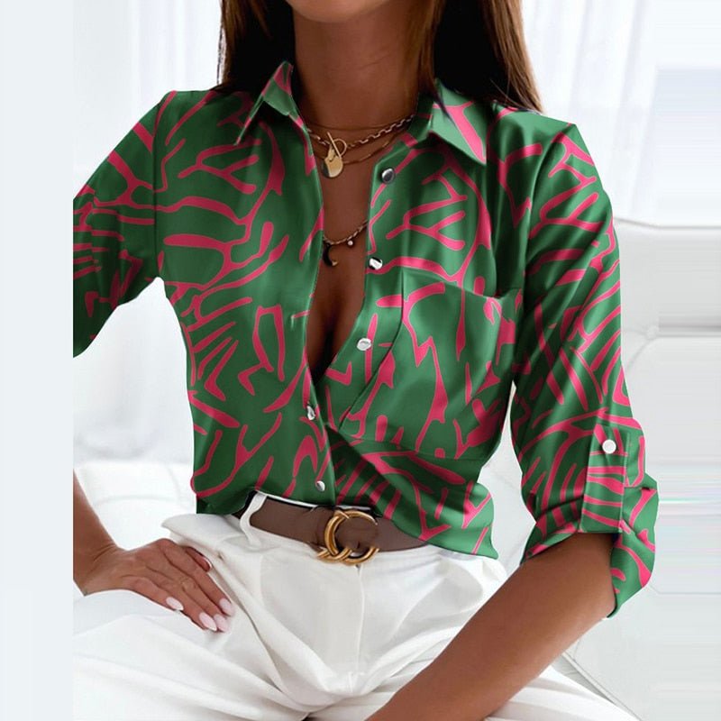 Women's Long Sleeve Button Down Blouse with Graphic Print and Pointed Collar