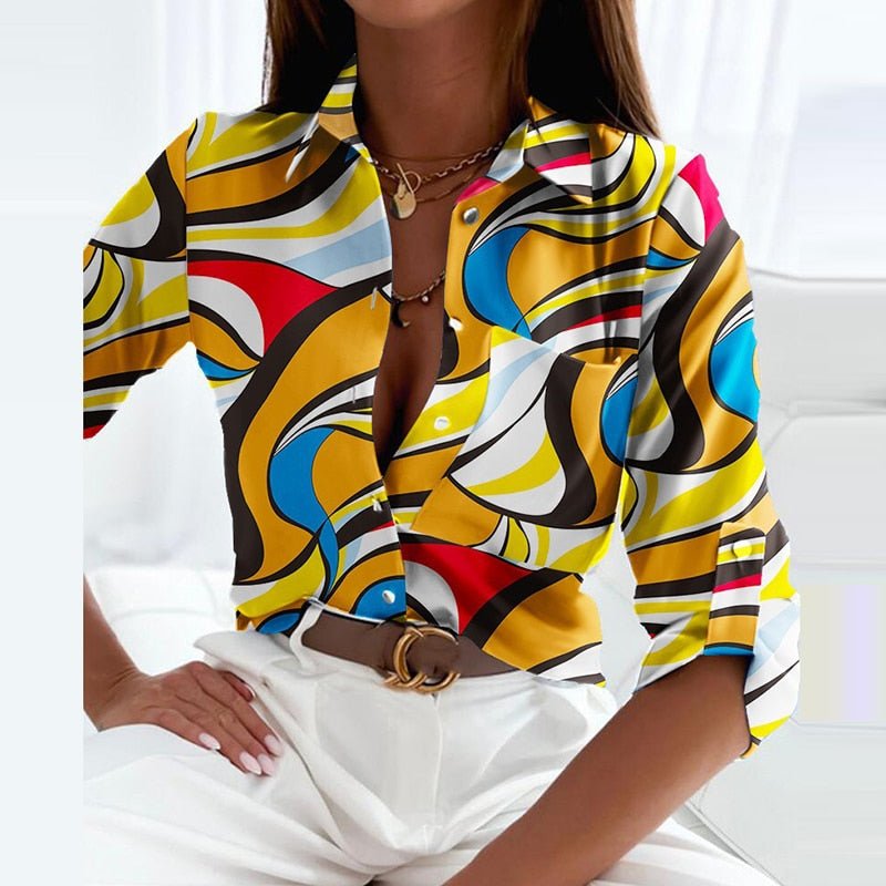 Women's Long Sleeve Button Down Blouse with Graphic Print and Pointed Collar