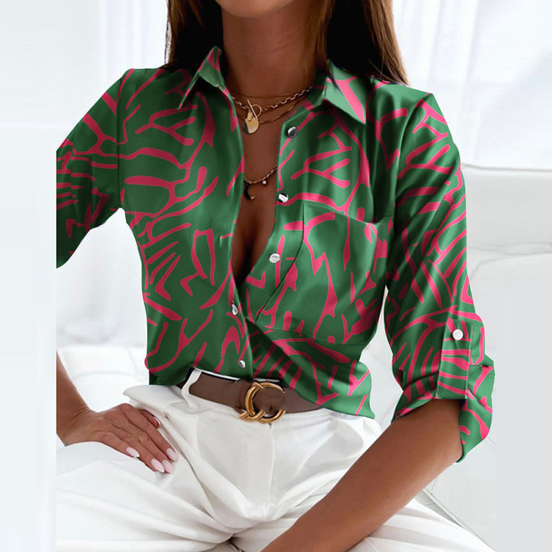 Women's Long Sleeve Button Down Blouse with Graphic Print and Pointed Collar