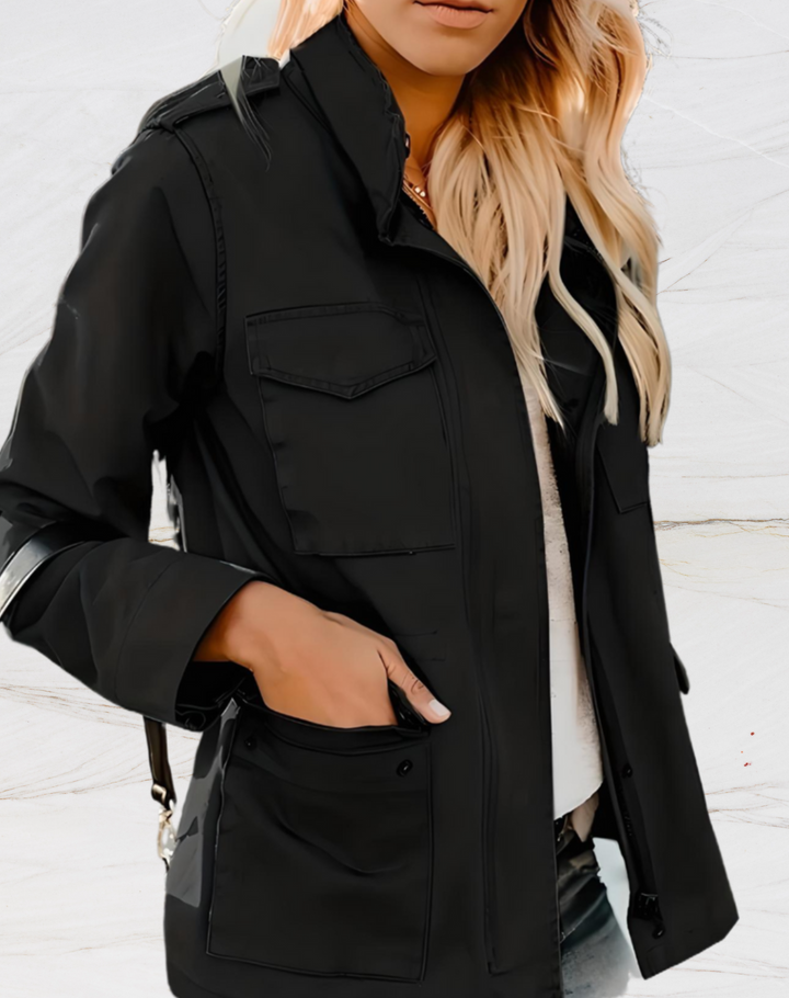 Women's Long-Sleeve Jacket with Snap-Button Collar and Flap Pockets