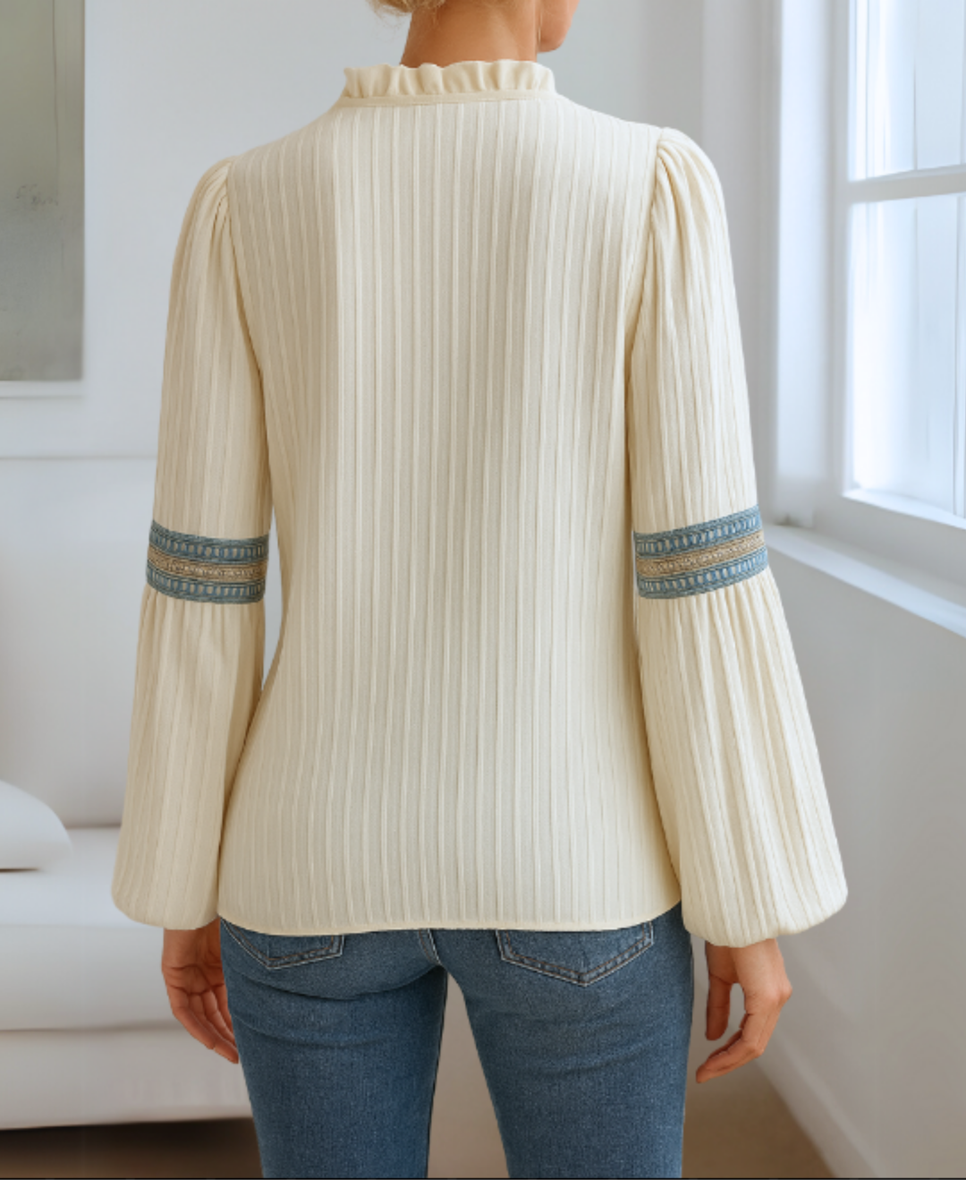 Women’s Long Sleeve Ruffle Neck Blouse with Embroidery and Puff Sleeves